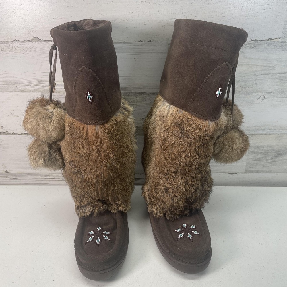 Manitobah Mukluks Shearling Boots Womens Size 6 Brown Suede Faux Fur Lined